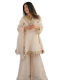 Women's Off-White Silk Blend Sharara Suit Set – Short Peplum Kurta with Heavy Mirror Work V-Neck & Shell Tassels – Designer Ethnic with Dupatta – Cream/Ivory Desi Diva