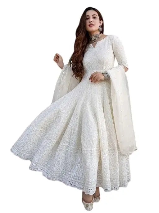 Women's Cotton Chikankari Long Anarkali Kurti With Dupatta (White) Desi Diva
