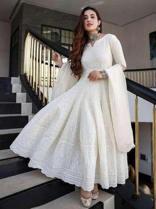 Women's Cotton Chikankari Long Anarkali Kurti With Dupatta (White) Desi Diva