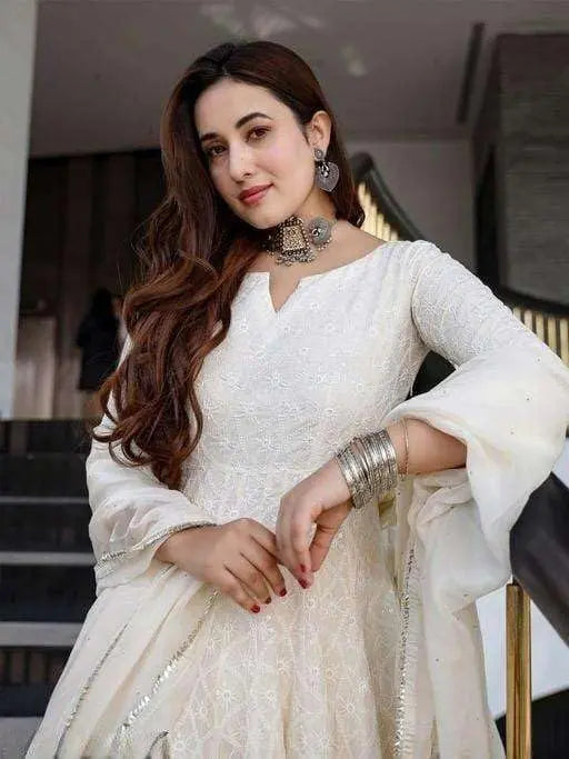 Women's Cotton Chikankari Long Anarkali Kurti With Dupatta (White) Desi Diva