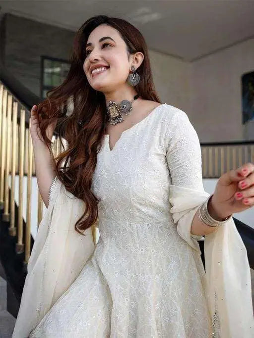 Women's Cotton Chikankari Long Anarkali Kurti With Dupatta (White) Desi Diva