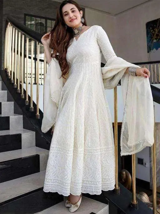Women's Cotton Chikankari Long Anarkali Kurti With Dupatta (White) Desi Diva