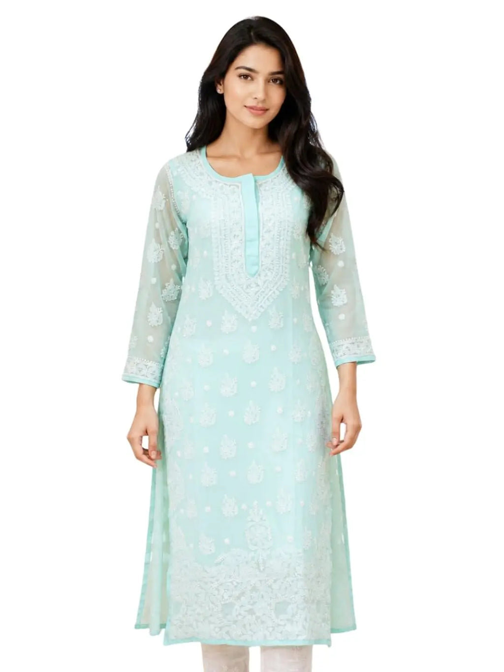Hand Embroidered Lucknowi Chikankari Georgette Kurta for Women A411831 Desi Diva