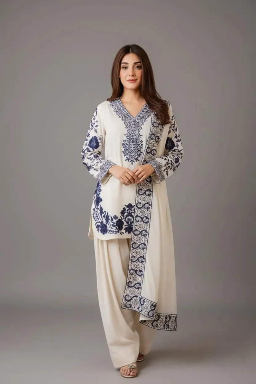 Women Viscose Rayon Printed Kurta Pant Set with Dupatta | Ivory Cream Kurta with Navy Blue Floral Ethnic Print | 3 Piece Suit Set | Festive Office Wear | Plus Size Upto 6XL Desi Diva