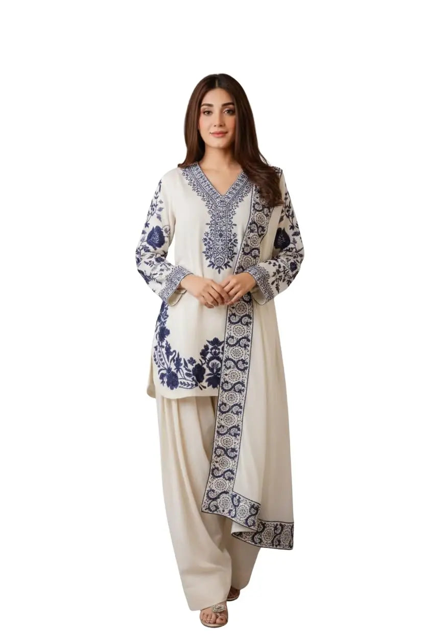 Women Viscose Rayon Printed Kurta Pant Set with Dupatta | Ivory Cream Kurta with Navy Blue Floral Ethnic Print | 3 Piece Suit Set | Festive Office Wear | Plus Size Upto 6XL Desi Diva