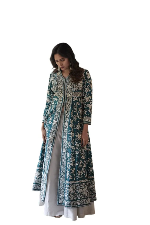 Artifact & MuseWomen's Cotton Embroidery A-line Kurti with Palazzo Set Desi Diva