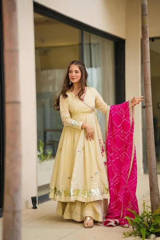 Yellow Silk Chiffon Gotta Patti Embroidered Kurta Palazzo with Dupatta|Style 570 Desi Diva