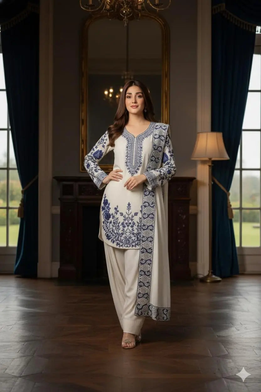 Women Viscose Rayon Printed Kurta Pant Set with Dupatta | Ivory Cream Kurta with Navy Blue Floral Ethnic Print | 3 Piece Suit Set | Festive Office Wear | Plus Size Upto 6XL Desi Diva