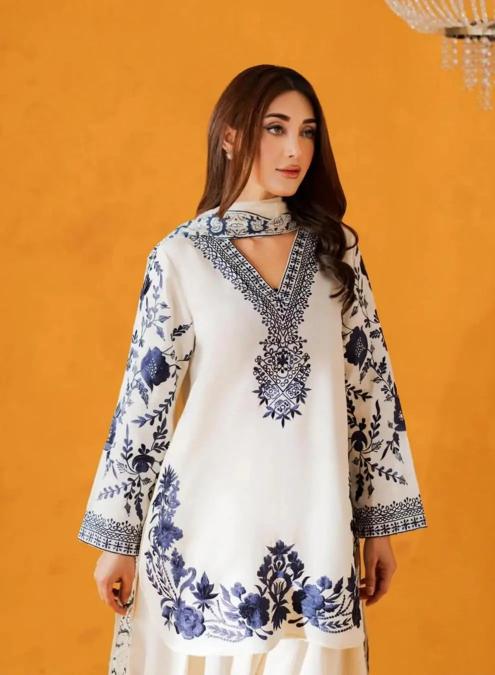 Women Viscose Rayon Printed Kurta Pant Set with Dupatta | Ivory Cream Kurta with Navy Blue Floral Ethnic Print | 3 Piece Suit Set | Festive Office Wear | Plus Size Upto 6XL Desi Diva