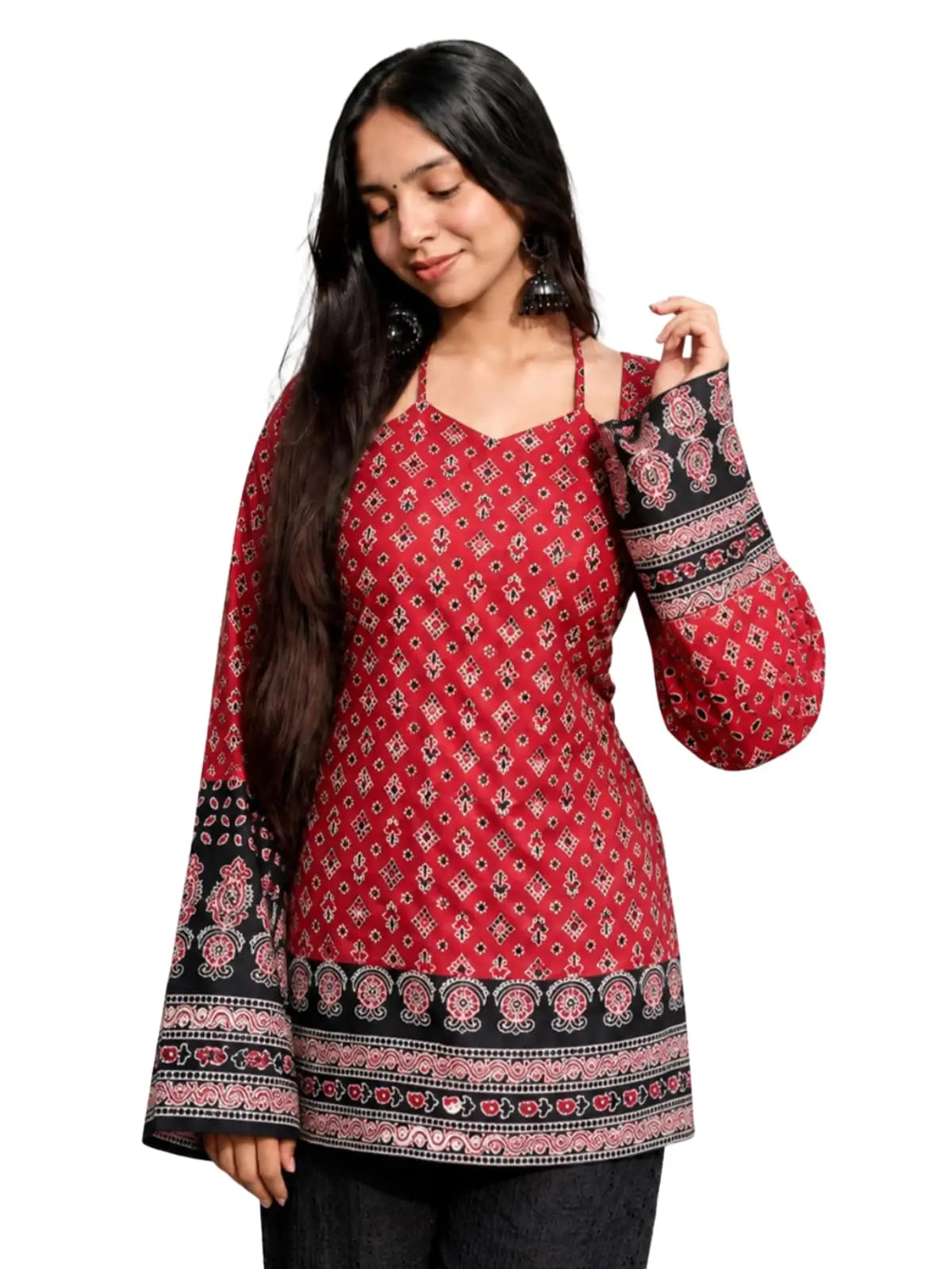 GRECIILOOKS Short Kurti for Women Latest – Printed Modern Tunic Top | Long Ethnic Wester Tops for Woman| Full Sleeve Indo Western Tunic | Comfortable Rich Kurti Tops for Office and Casual Desi Diva