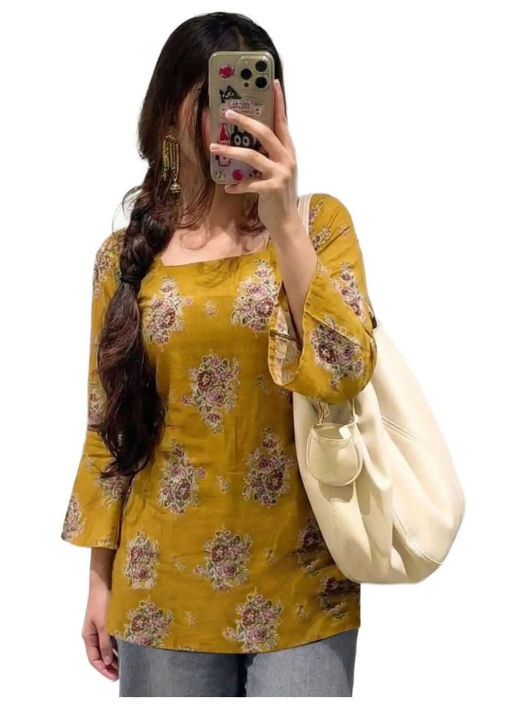 ANNI Designer Women’s Viscose Blend Printed Short Kurti | Straight Fit Casual Ethnic Top | Square Neck Full Sleeve Kurta Office College Desi Diva