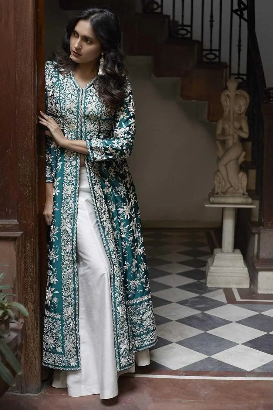Artifact & MuseWomen's Cotton Embroidery A-line Kurti with Palazzo Set Desi Diva