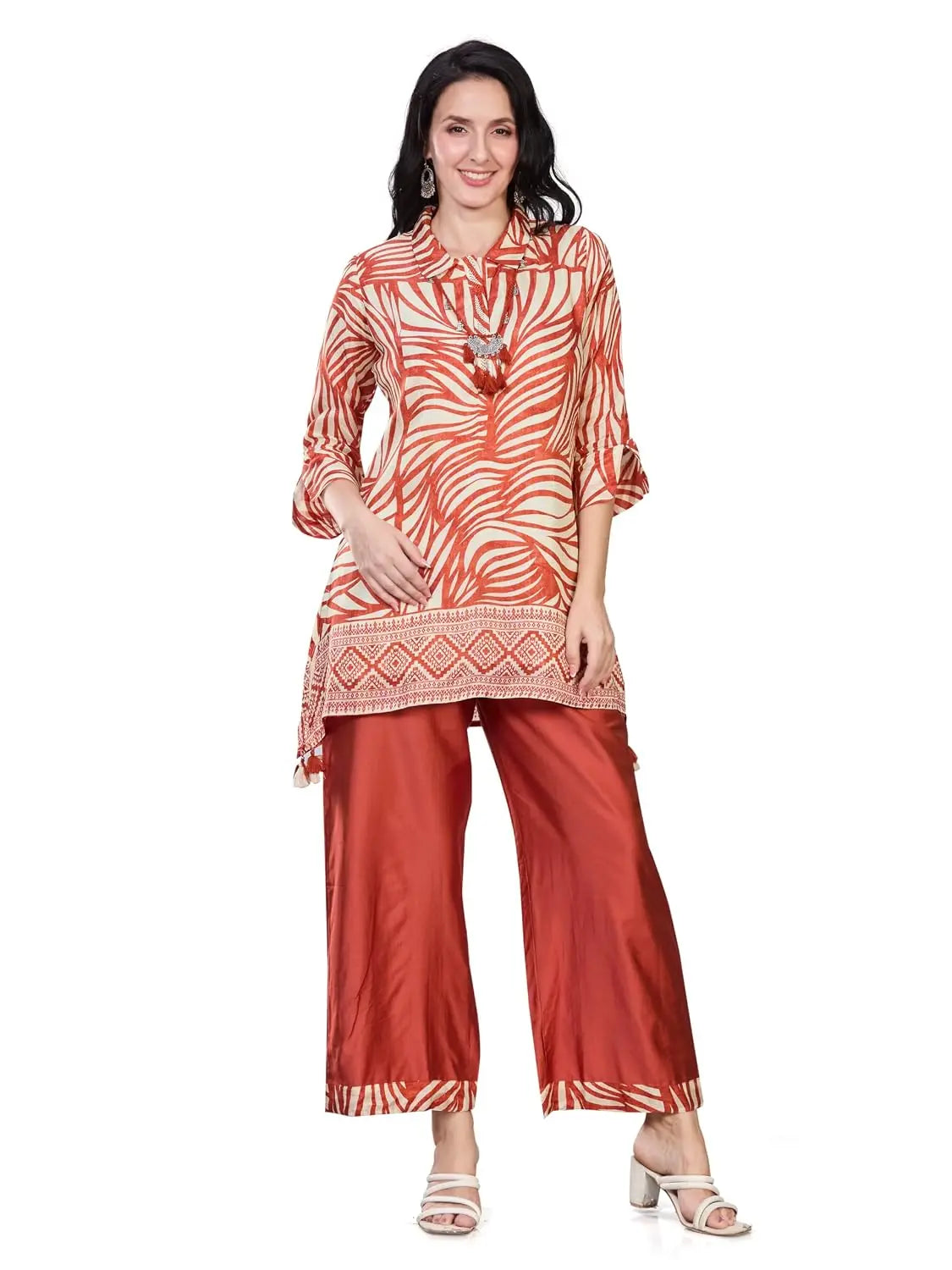 Women’s Silk Blend Printed Kurti with 3/4 Sleeves & Tassel Detailing - Embellished A-Line Kurta Palazzo Set with Necklace, Stylish Latest Ethnic Co ord Set Design (L to 3XL) (L to 3XL) Desi Diva