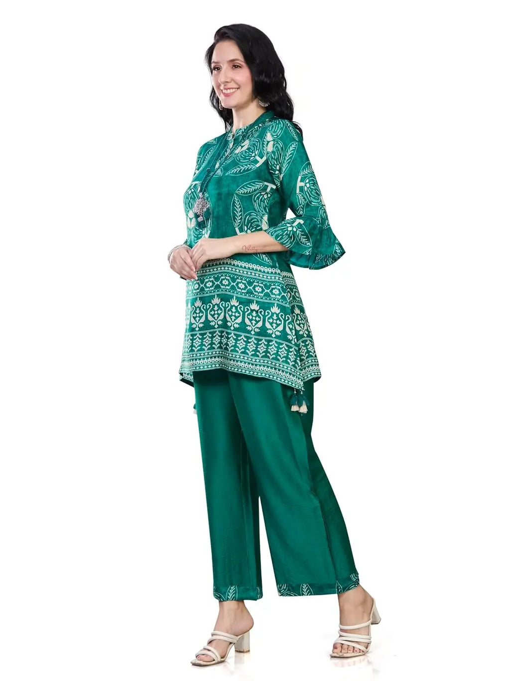 Women’s Silk Blend Printed Kurti with 3/4 Sleeves & Tassel Detailing - Embellished A-Line Kurta Palazzo Set with Necklace, Stylish Latest Ethnic Co ord Set Design (L to 3XL) (L to 3XL) Desi Diva