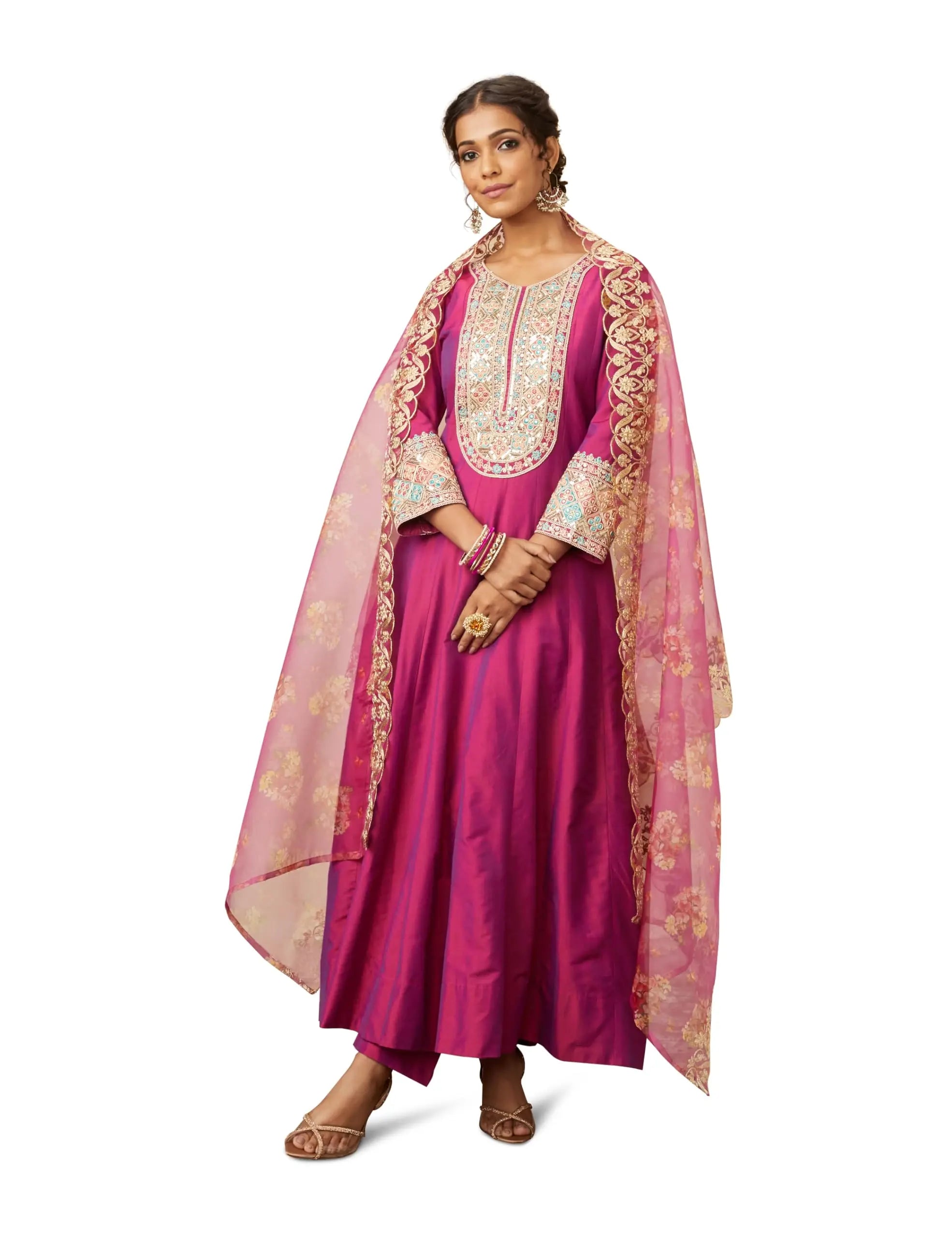 Women's Embroidered Anarkali Kurta Suit Set with Organza Dupatta | A-Line Fit (Available in Plus Sizes) Desi Diva