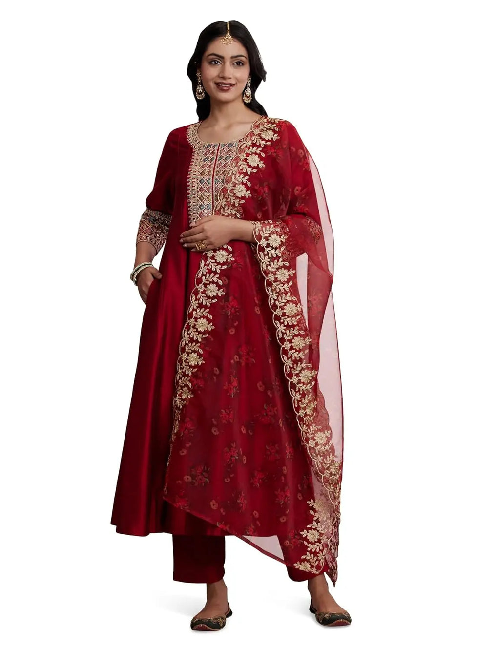 Women's Embroidered Anarkali Kurta Suit Set with Organza Dupatta | A-Line Fit (Available in Plus Sizes) Desi Diva