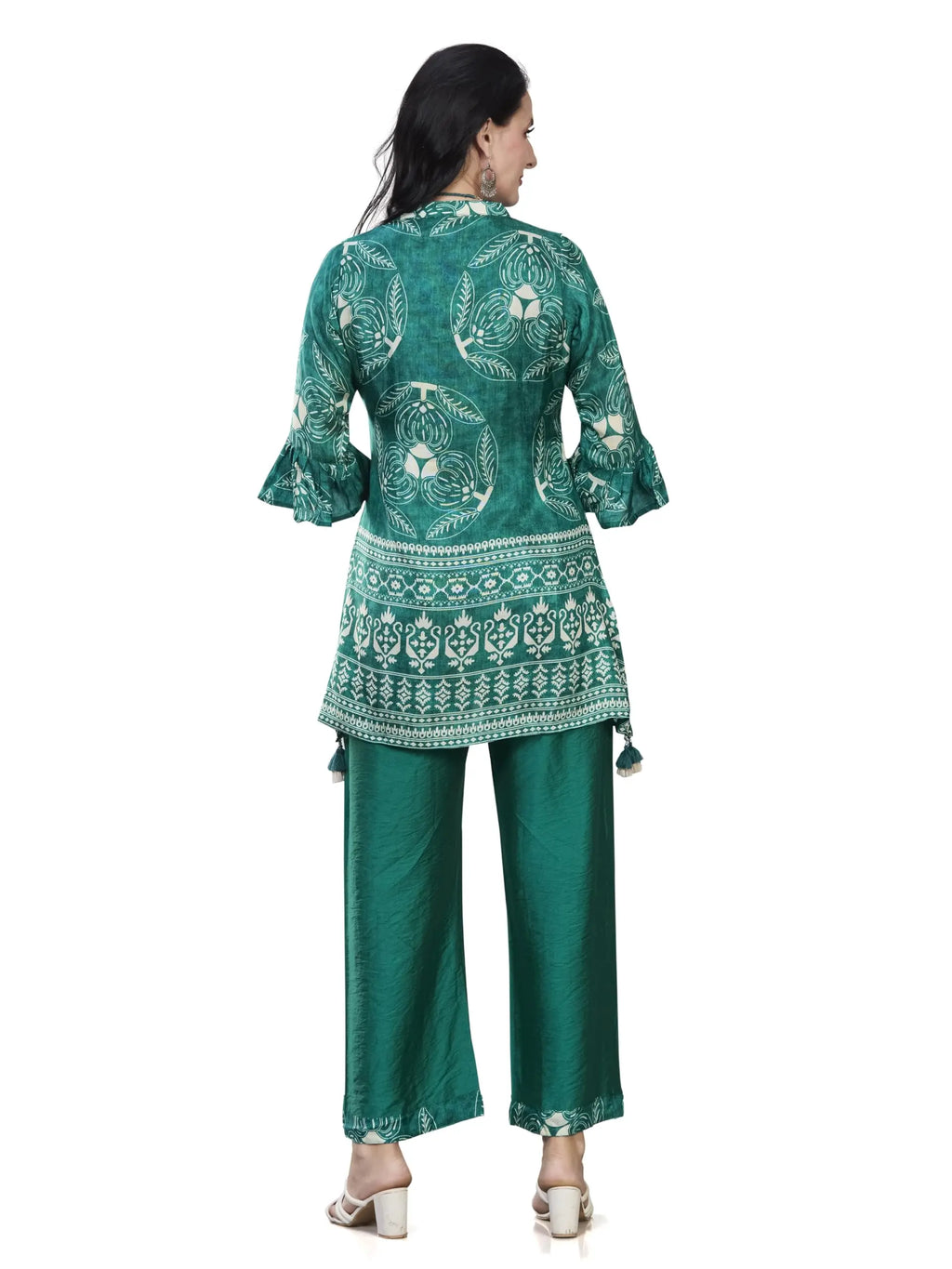 Women’s Silk Blend Printed Kurti with 3/4 Sleeves & Tassel Detailing - Embellished A-Line Kurta Palazzo Set with Necklace, Stylish Latest Ethnic Co ord Set Design (L to 3XL) (L to 3XL) Desi Diva