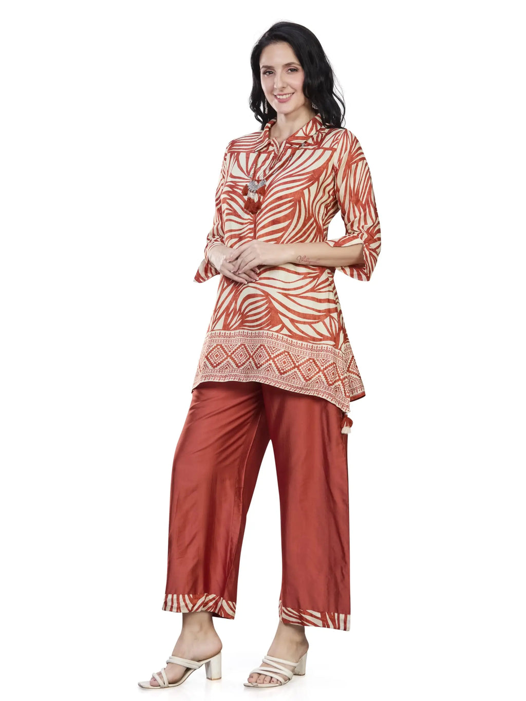 Women’s Silk Blend Printed Kurti with 3/4 Sleeves & Tassel Detailing - Embellished A-Line Kurta Palazzo Set with Necklace, Stylish Latest Ethnic Co ord Set Design (L to 3XL) (L to 3XL) Desi Diva