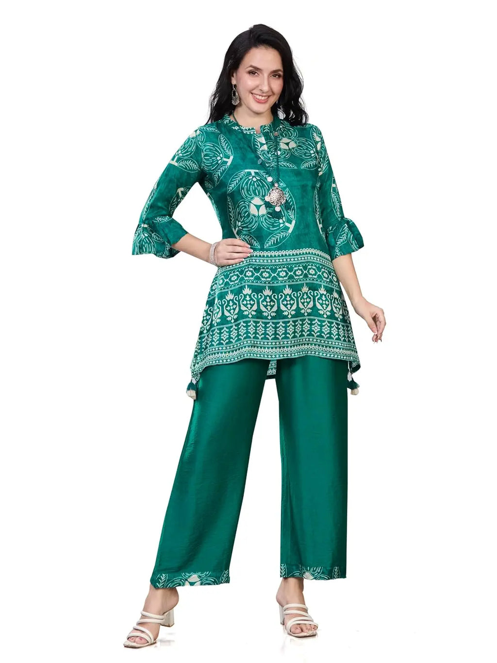 Women’s Silk Blend Printed Kurti with 3/4 Sleeves & Tassel Detailing - Embellished A-Line Kurta Palazzo Set with Necklace, Stylish Latest Ethnic Co ord Set Design (L to 3XL) (L to 3XL) Desi Diva