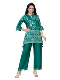 Women’s Silk Blend Printed Kurti with 3/4 Sleeves & Tassel Detailing - Embellished A-Line Kurta Palazzo Set with Necklace, Stylish Latest Ethnic Co ord Set Design (L to 3XL) (L to 3XL) Desi Diva