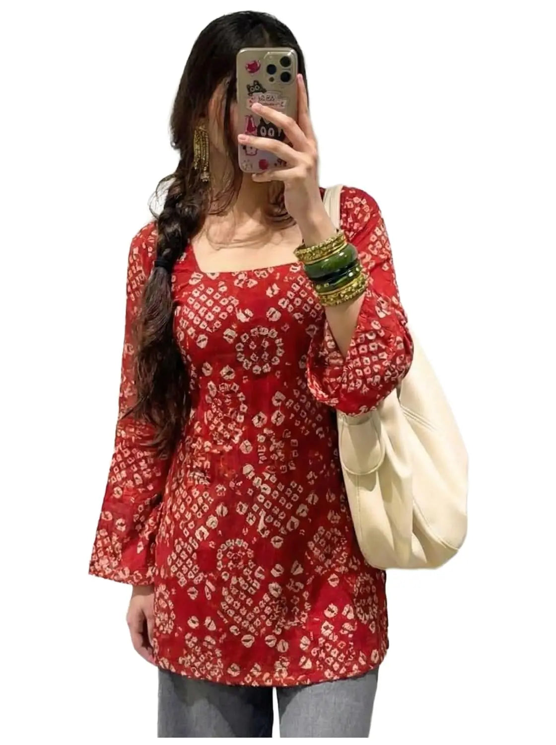 ANNI Designer Women’s Viscose Blend Printed Short Kurti | Straight Fit Casual Ethnic Top | Square Neck Full Sleeve Kurta Office College Desi Diva