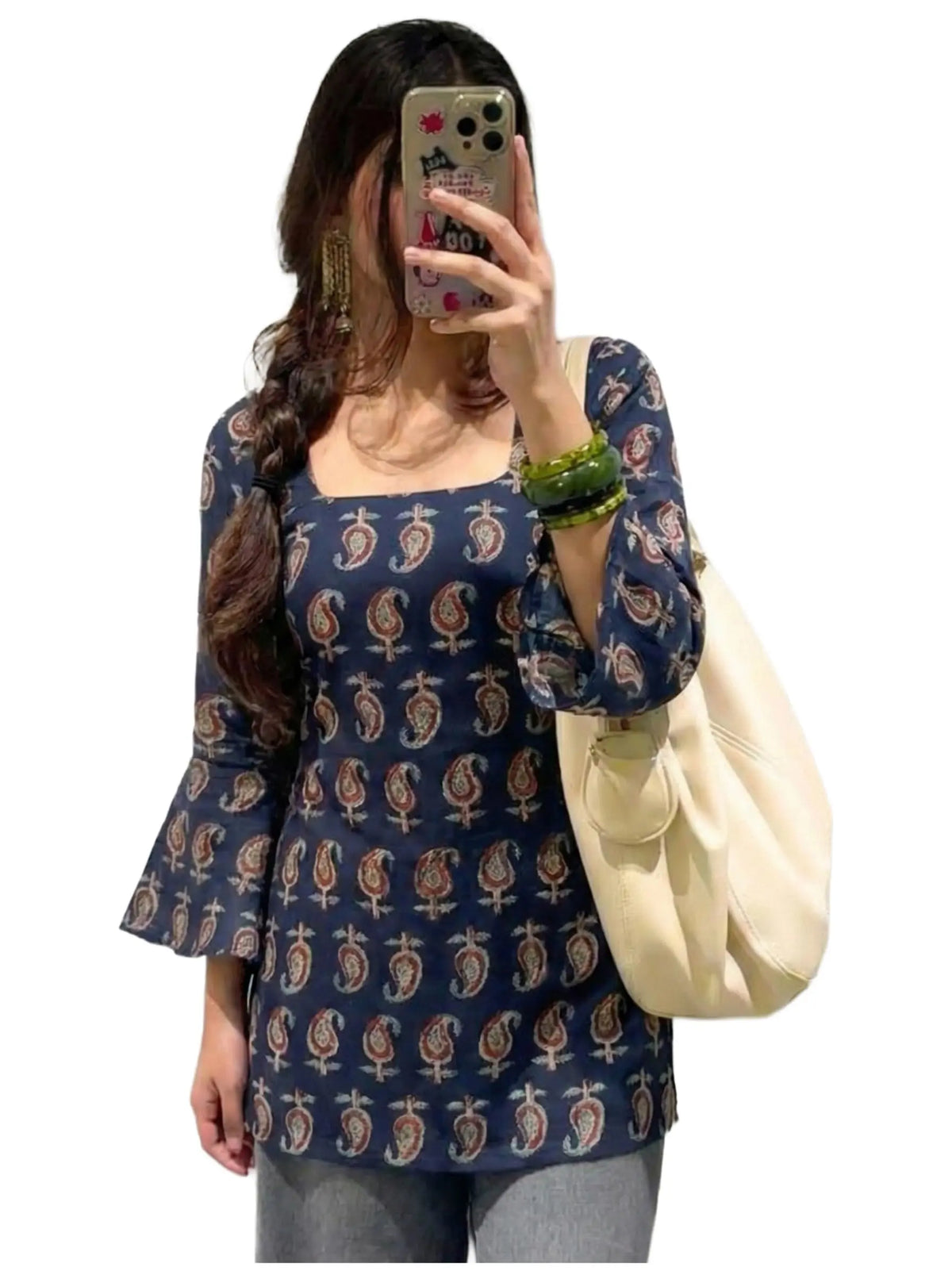 ANNI Designer Women’s Viscose Blend Printed Short Kurti | Straight Fit Casual Ethnic Top | Square Neck Full Sleeve Kurta Office College Desi Diva