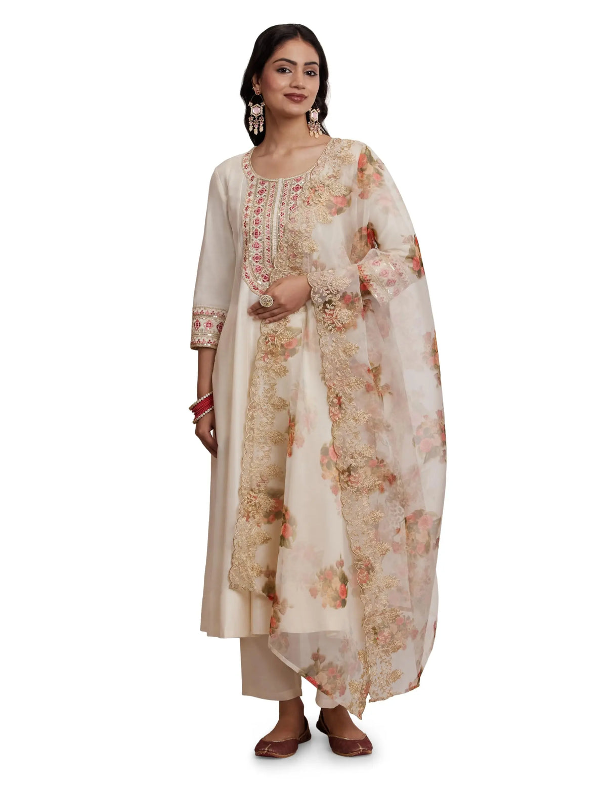 Women's Embroidered Anarkali Kurta Suit Set with Organza Dupatta | A-Line Fit (Available in Plus Sizes) Desi Diva
