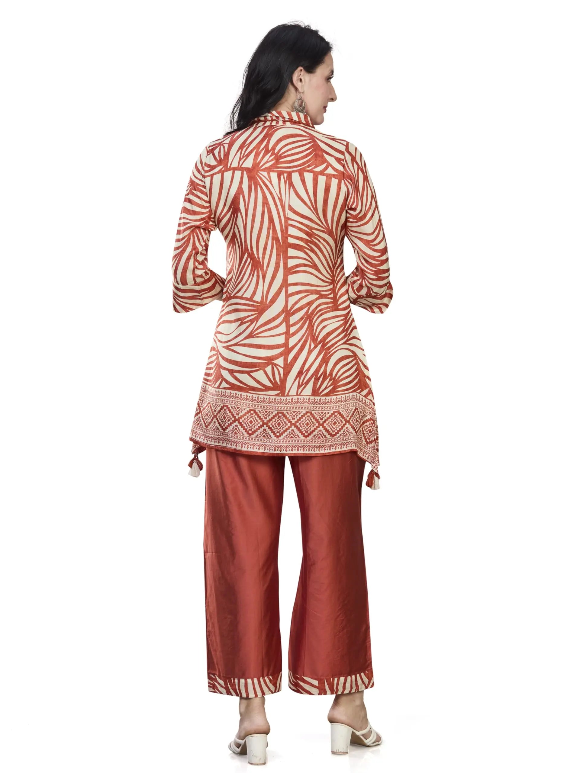 Women’s Silk Blend Printed Kurti with 3/4 Sleeves & Tassel Detailing - Embellished A-Line Kurta Palazzo Set with Necklace, Stylish Latest Ethnic Co ord Set Design (L to 3XL) (L to 3XL) Desi Diva