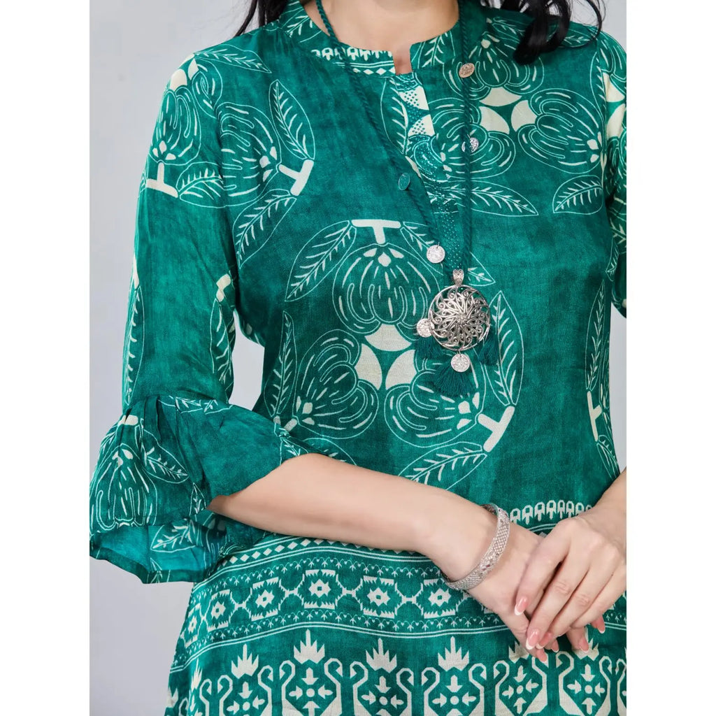 Women’s Silk Blend Printed Kurti with 3/4 Sleeves & Tassel Detailing - Embellished A-Line Kurta Palazzo Set with Necklace, Stylish Latest Ethnic Co ord Set Design (L to 3XL) (L to 3XL) Desi Diva