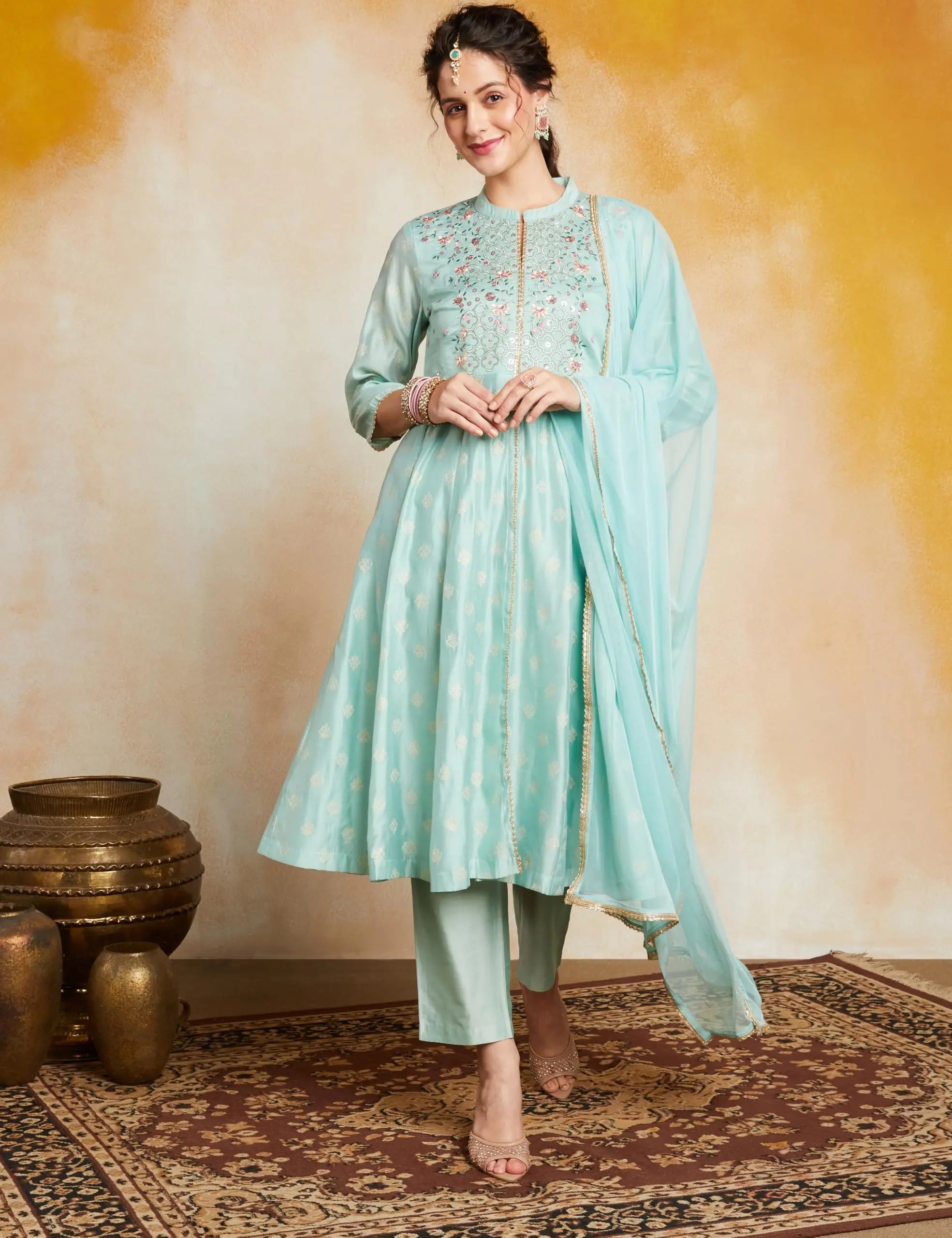 Women's Embroidered Anarkali Kurta Set with Mesh Dupatta | Chanderi Blend (Available in Plus Sizes) Desi Diva