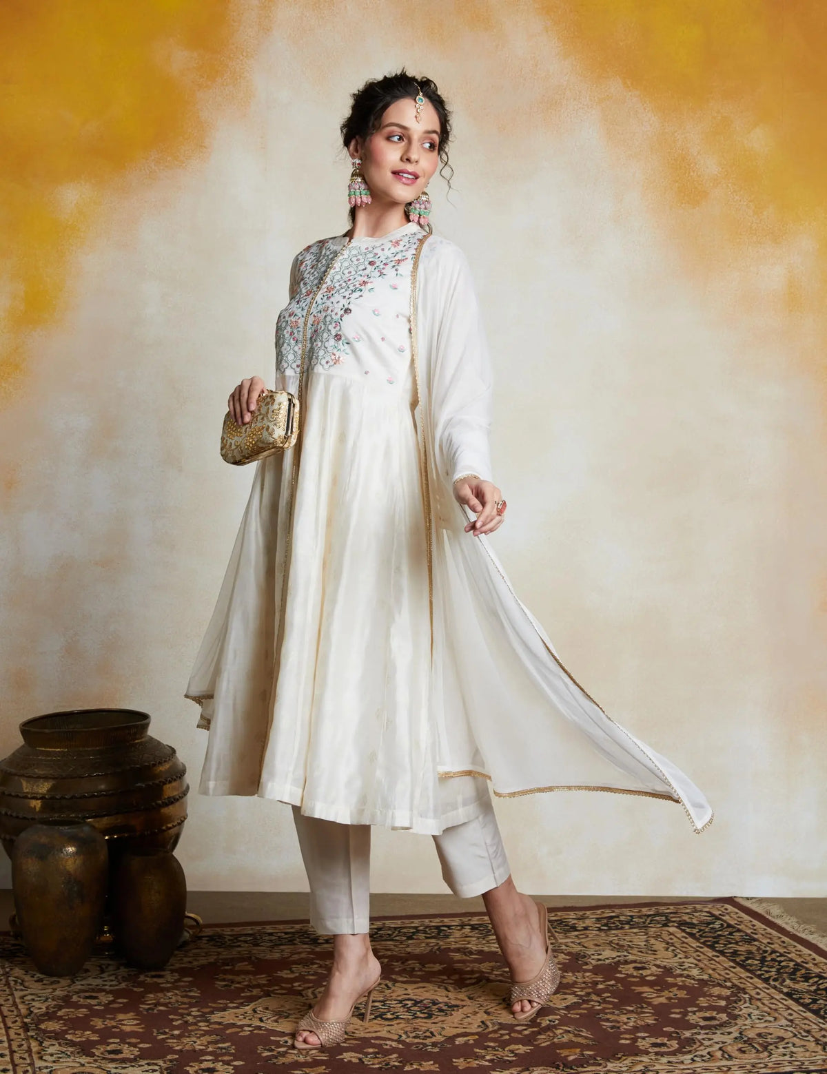 Women's Embroidered Anarkali Kurta Set with Mesh Dupatta | Chanderi Blend (Available in Plus Sizes) Desi Diva