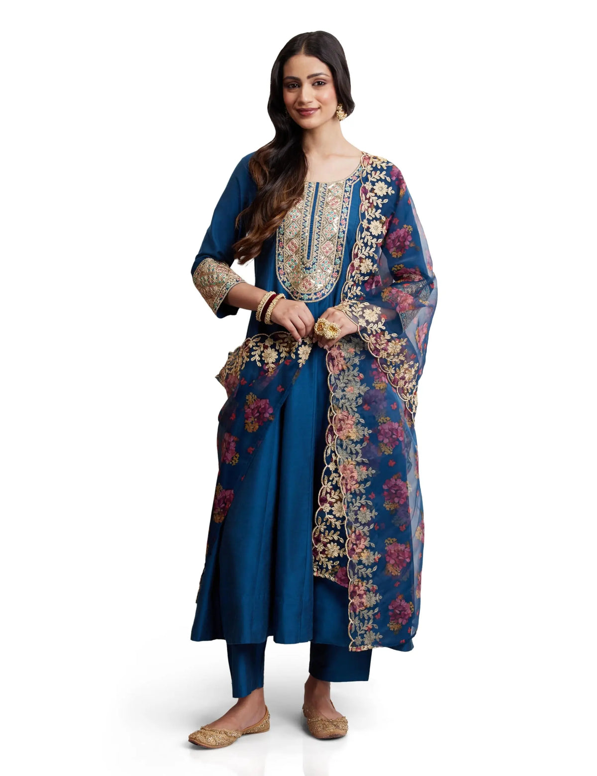 Women's Embroidered Anarkali Kurta Suit Set with Organza Dupatta | A-Line Fit (Available in Plus Sizes) Desi Diva