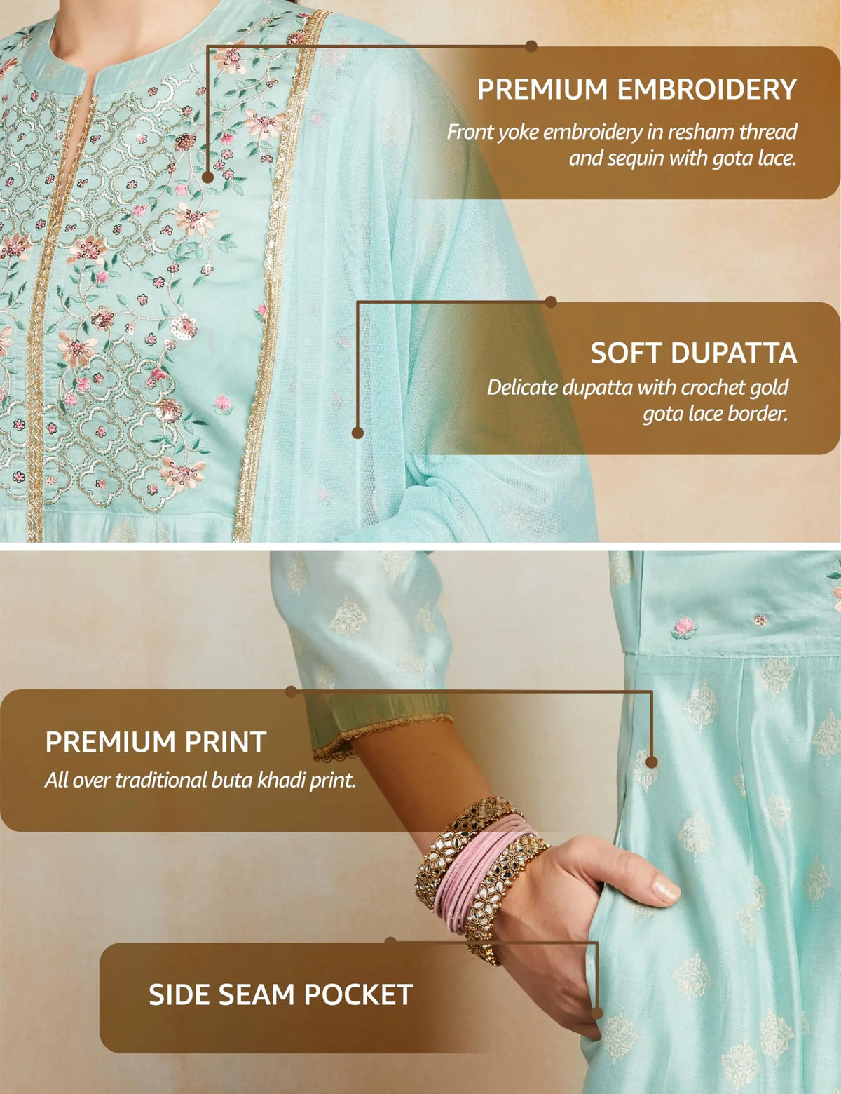 Women's Embroidered Anarkali Kurta Set with Mesh Dupatta | Chanderi Blend (Available in Plus Sizes) Desi Diva
